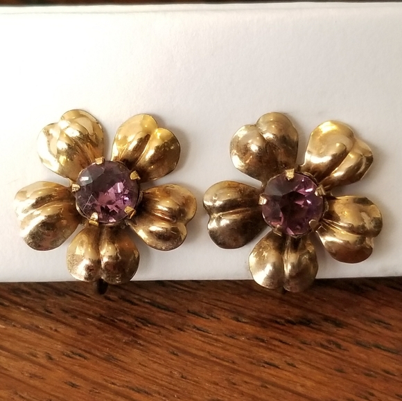 Vintage Van Dell flower earrings screwback gold fill purple floral - Picture 8 of 14